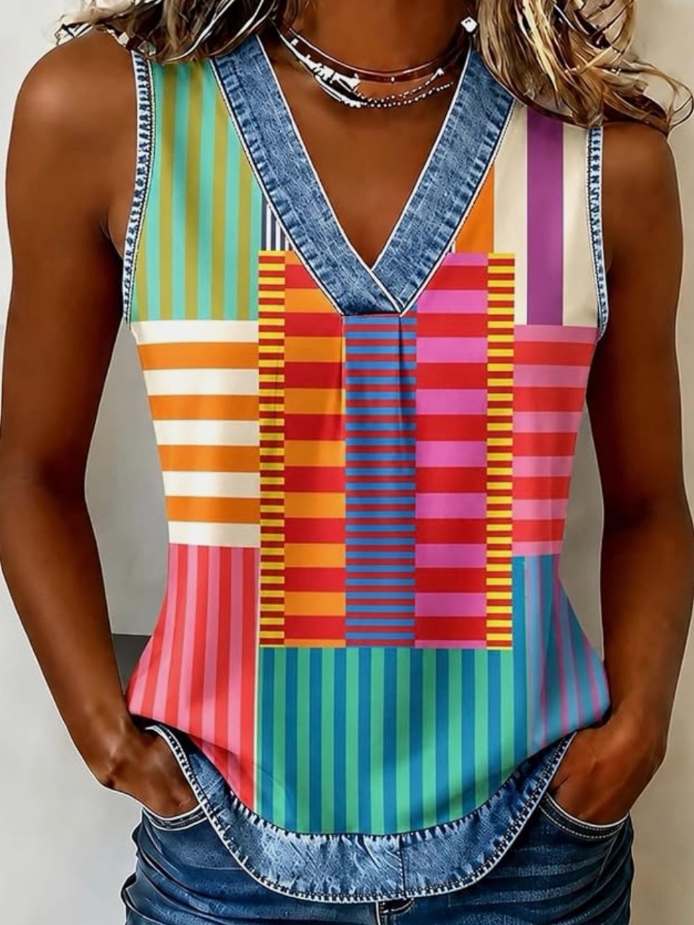 Colorblock Striped V-Neck Sleeveless Top - Multicolor